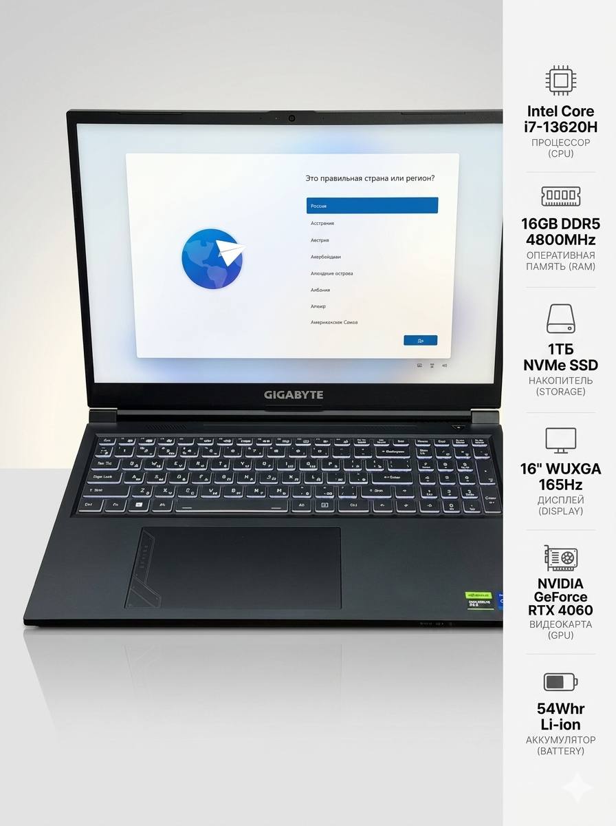 Ноутбук Gigabyte G6 i7 13620H/16Gb DDR5/SSD1Tb/RTX4060 8Gb/16"/IPS/FHD+/noOS/black