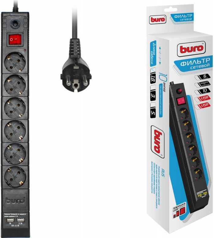 Сетевой фильтр Buro BU-SP1.8_USB_2A-B (6 розеток) черный 1.8м (коробка)