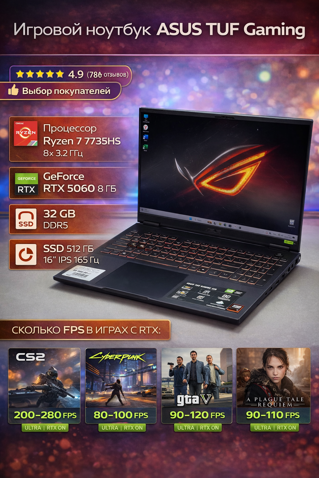 Ноутбук Asus TUF Gaming FA608UM-RV097 Ryzen 7 260/32Gb/SSD 512Gb/RTX 5060 8Gb/16"/IPS/WUXGA/noOS/grey