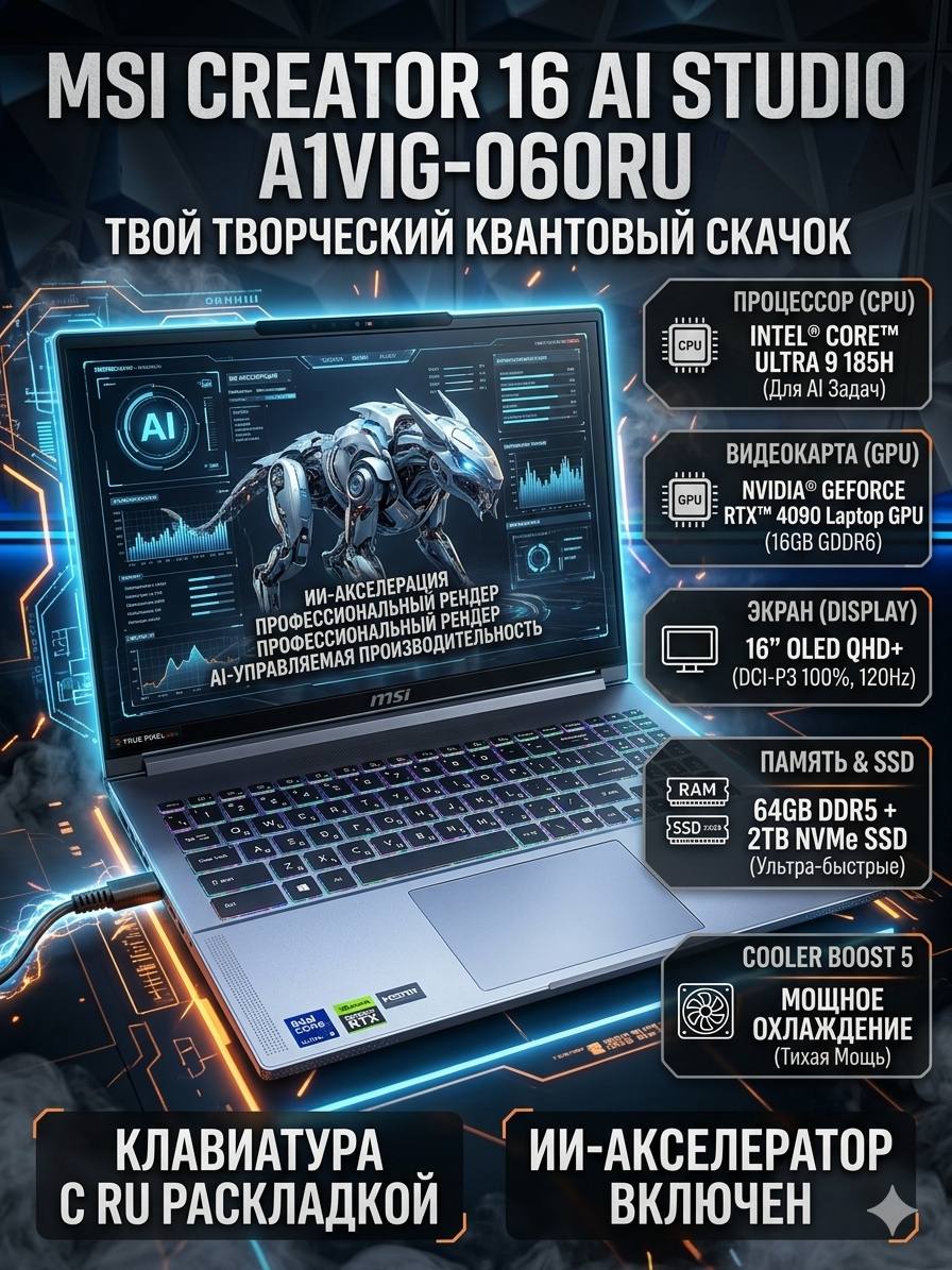 Ноутбук MSI Creator 16 AI Studio A1VIG-060RU Ultra 9 185H/32GB*2/2TB*1 SSD,16(mLED)/RTX 4090 16GB
