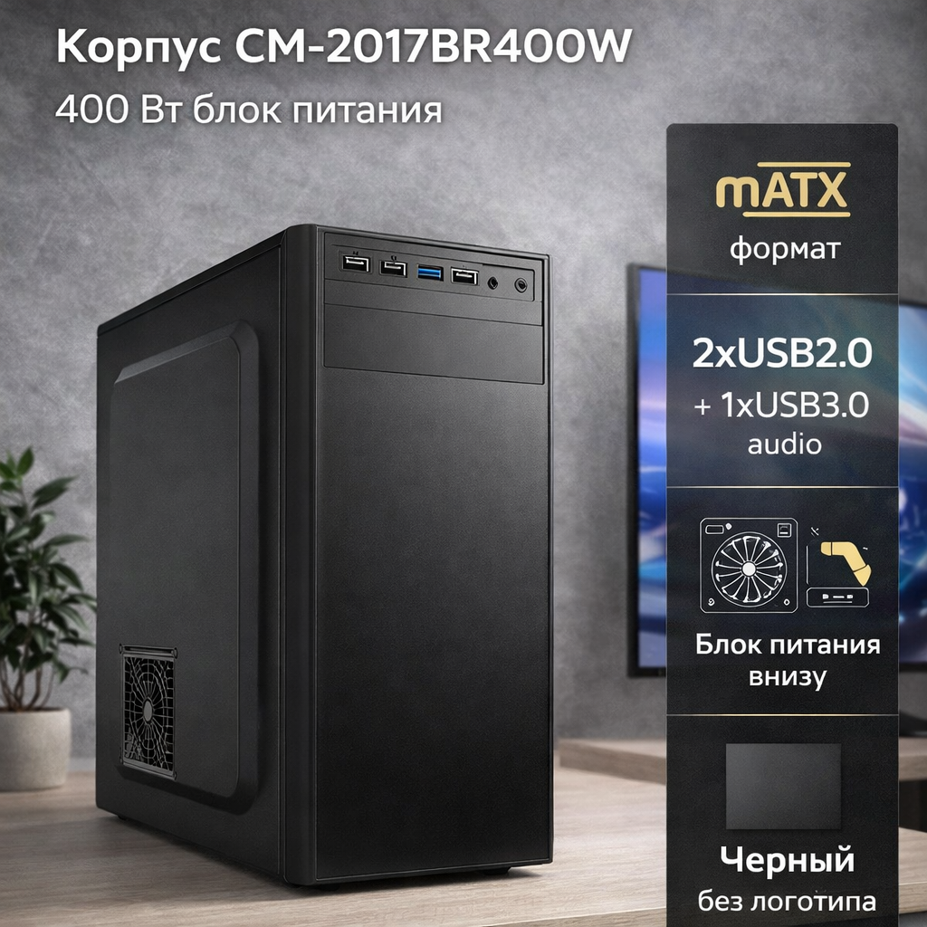 Корпус Formula CM-2017BR400W w/o LOGO черный 400W mATX 2xUSB2.0 1xUSB3.0 audio bott PSU