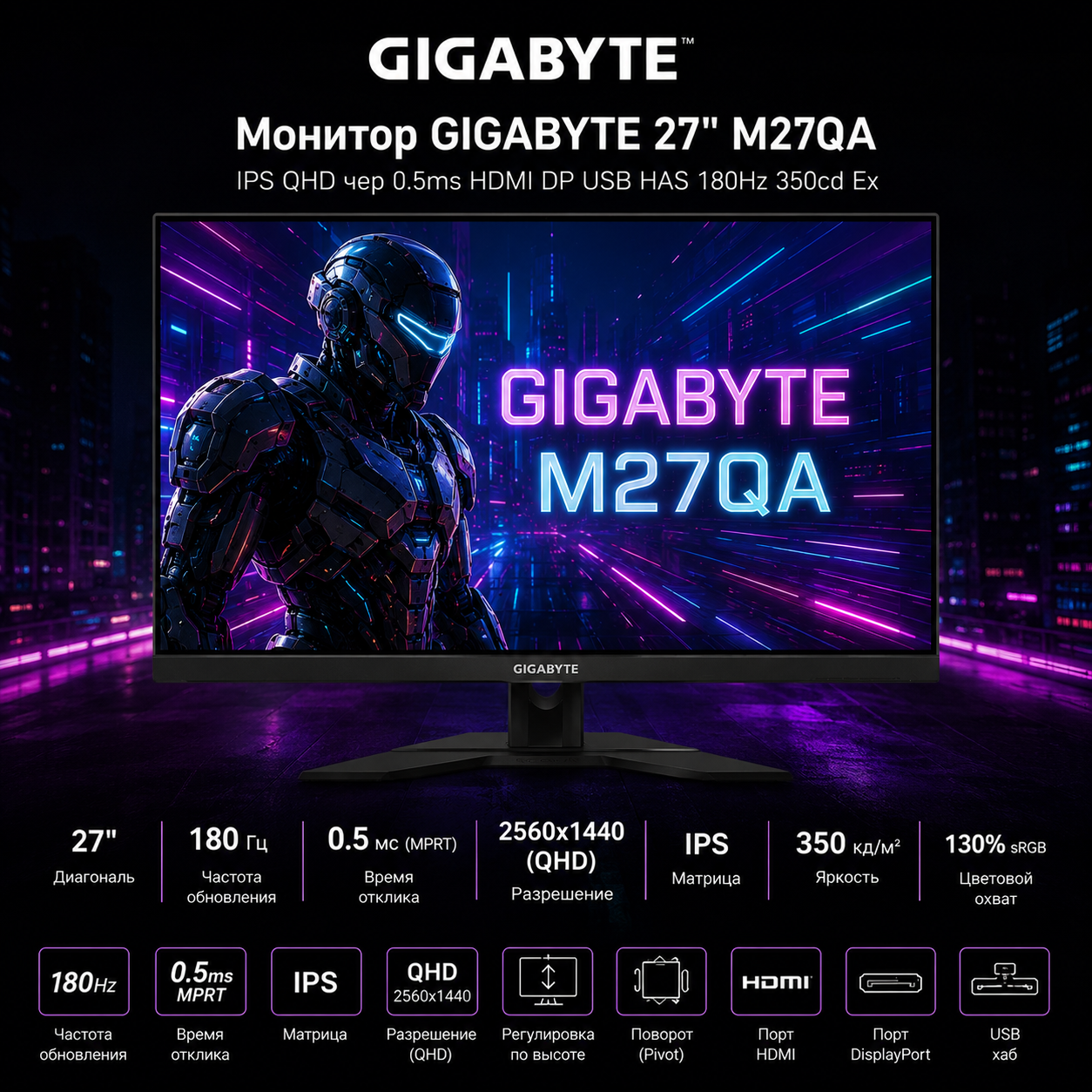 Монитор Gigabyte 27" M27QA IPS QHD чер 0.5ms HDMI DP USB HAS 180Hz 350cd Ex