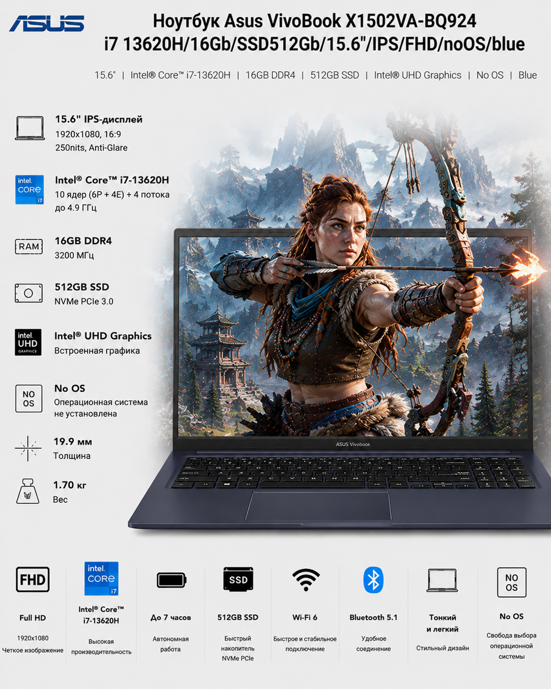 Ноутбук Asus VivoBook X1502VA-BQ924 i7 13620H/16Gb/SSD512Gb/15.6"/IPS/FHD/noOS/blue