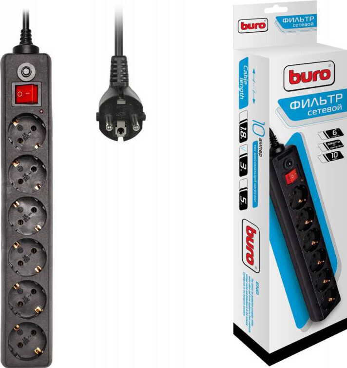Сетевой фильтр Buro 600SH-3-B (6 розеток) черный 3м (коробка)