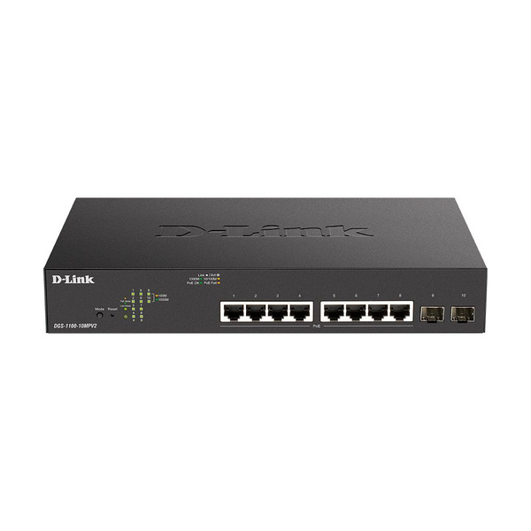 Коммутатор D-Link DGS-1100-10MPV2/A3A (L2) 8x1Гбит/с 2xКомбо(1000BASE-T/SFP) 2SFP 8PoE 130W управляе Коммутатор D-Link DGS-1100-10MPV2/A3A (L2) 8x1Гбит/с 2xКомбо(1000BASE-T/SFP) 2SFP 8PoE 130W управляе