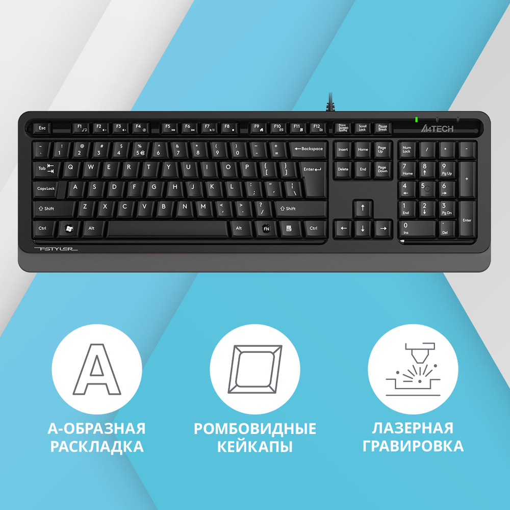 Клавиатура A4Tech FKS10 черный/серый USB (FKS10 GREY) каб.:1.5м