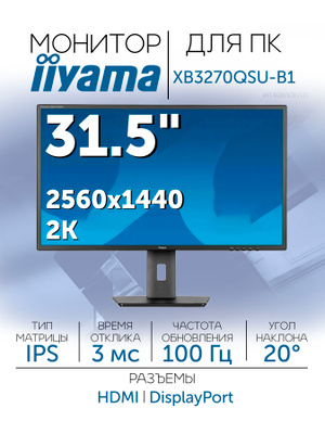 Монитор Iiyama 31.5" XB3270QSU-B1 IPS 2K чер HDMI DP USB M/M HAS Piv 100Hz 250cd In