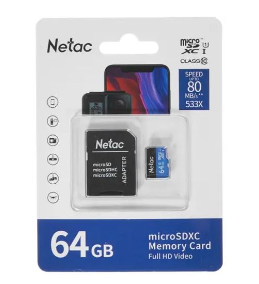 Флеш карта microSDHC 64Gb Netac P500 NT02P500STN-064G-S (без SD адаптера) 80Mb/s