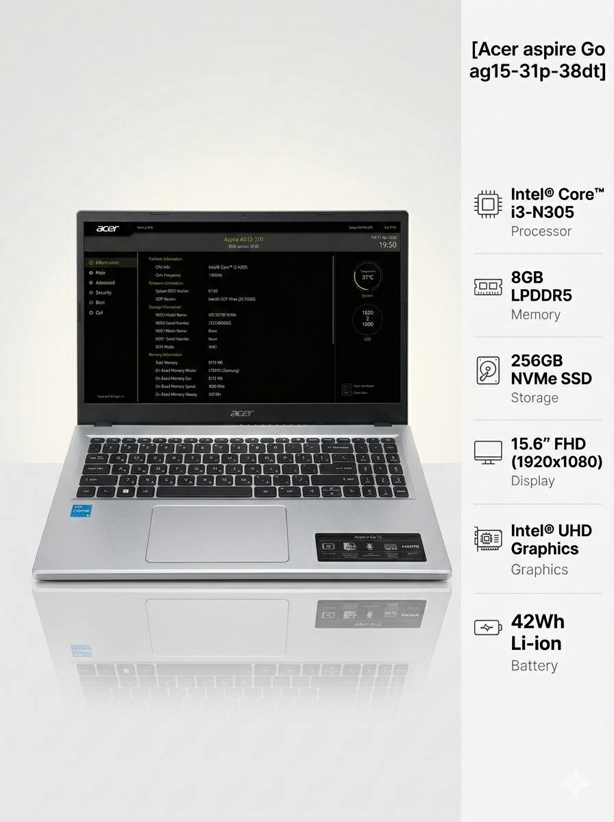 Ноутбук Acer Aspire Go AG15-31P-38DT i3 N305/8Gb/SSD256Gb/15.6"/TN/FHD/noOS/silver