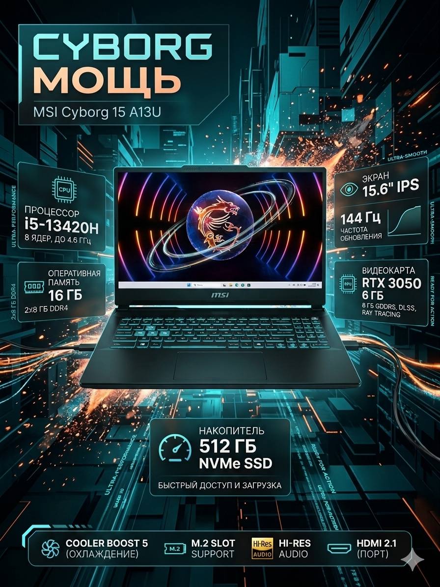 Ноутбук MSI Cyborg 15 A13UDX-1601XRU i5-13420H/8GB*2/512GB SSD/15.6(144Hz)/RTX 3050 6GB