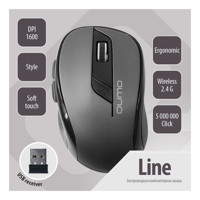 Мышь беспроводная Qumo Fractal M25 черный, 1600 dpi, радиоканал, USB, кнопки - 4