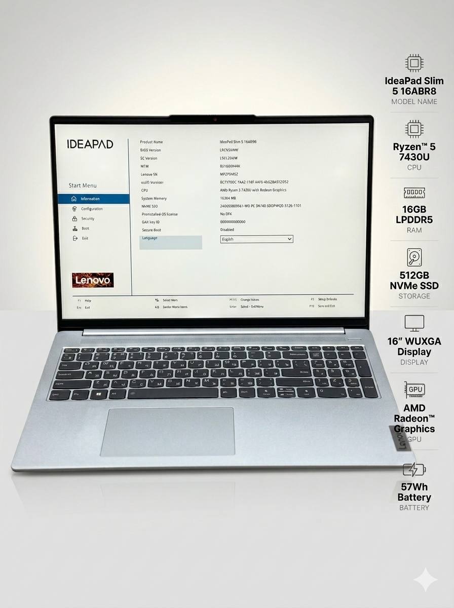 Ноутбук Lenovo IP Slim 5 16ABR8 Ryzen 5 7430U/16Gb/SSD512Gb/16"/IPS/WUXGA/noOS/grey