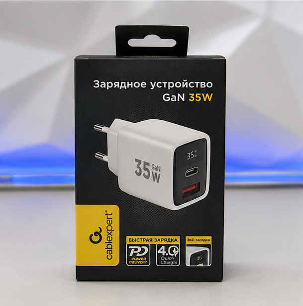 Сетевое зарядное устройство с дисплеем Cablexpert MP3A-PC-52, 35Вт GaN, QC3.0/PD3.0, 1хUSB, 1хType-C, белый, коробка