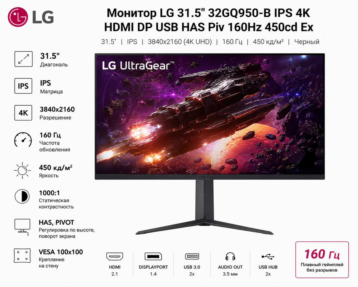 Монитор LG 31.5" 32GQ950-B IPS 4K чер HDMI DP USB HAS Piv 160Hz 450cd Ex
