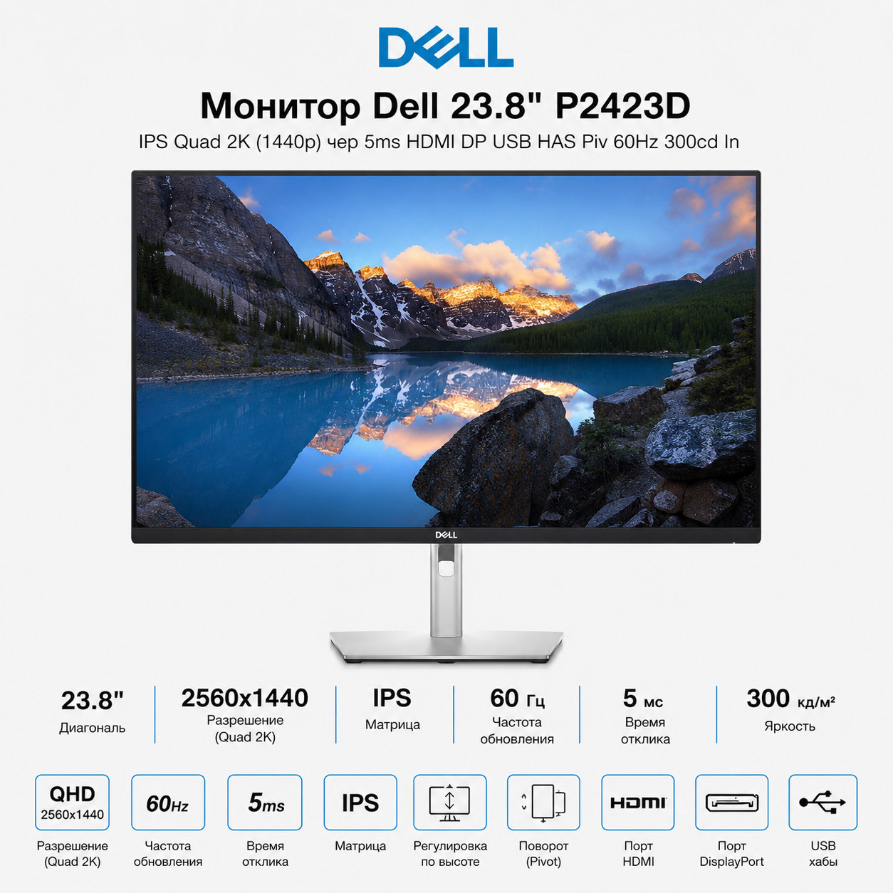 Монитор Dell 23.8" P2423D IPS Quad 2K (1440p) чер 5ms HDMI DP USB HAS Piv 60Hz 300cd In