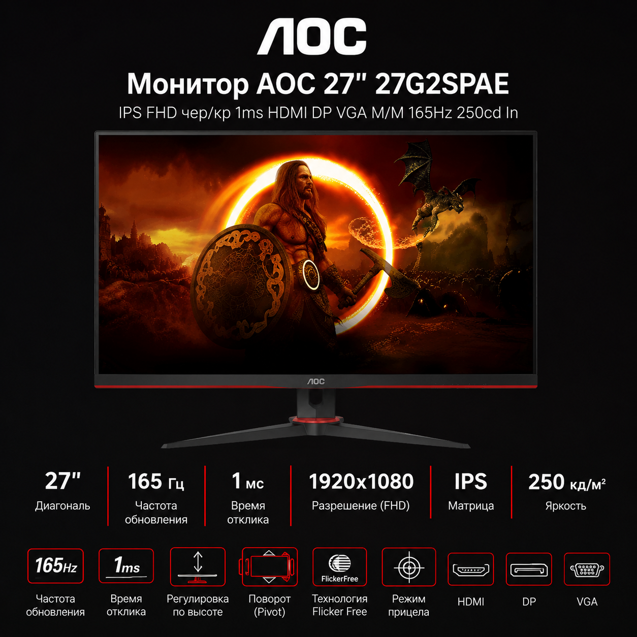 Монитор AOC 27" 27G2SPAE IPS FHD чер/кр 1ms HDMI DP VGA M/M 165Hz 250cd In