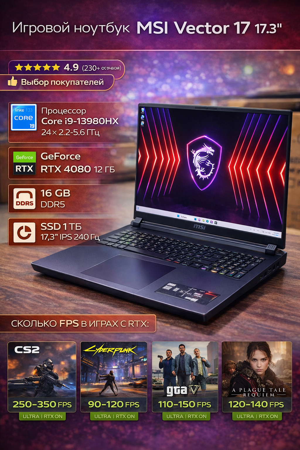Ноутбук MSI Vector 17 HX A13VHG-802RU i9-13980HX/16Gb/RTX4080/1Tb/17.3