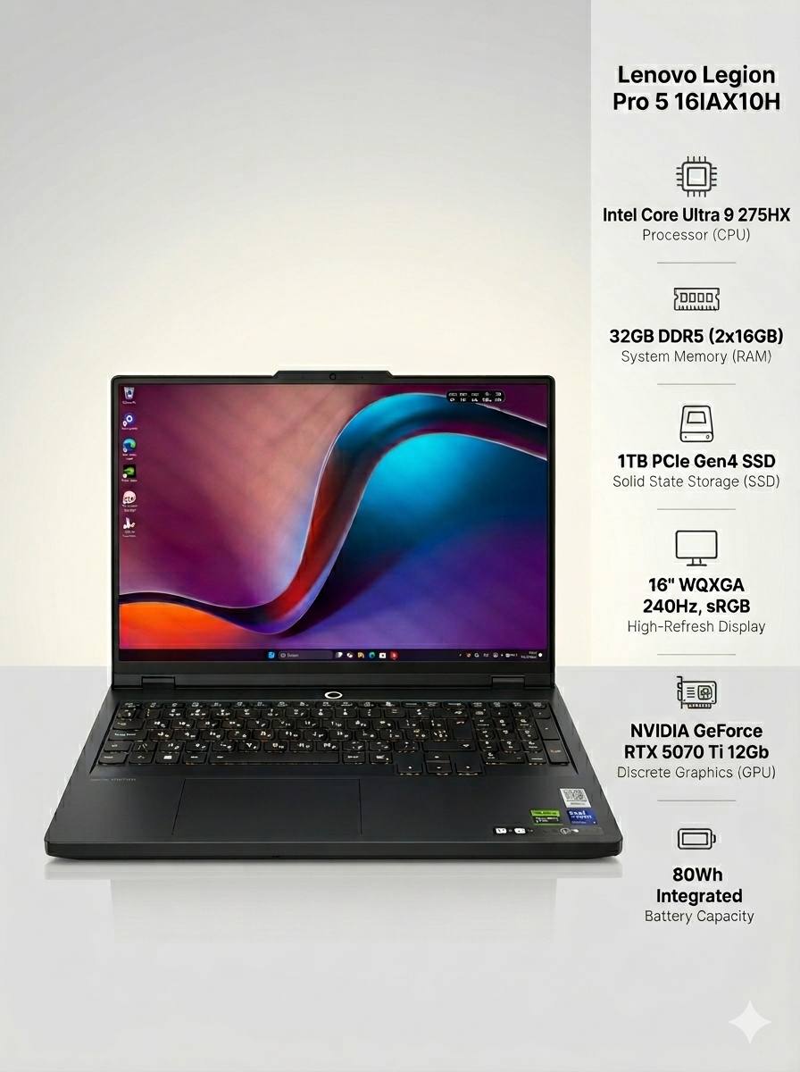 Ноутбук Lenovo Legion Pro 5 16IAX10H Ul9 275HX/32Gb/SSD1Tb/RTX5070Ti 12Gb/16"/OLED/WQXGA/noOS/black