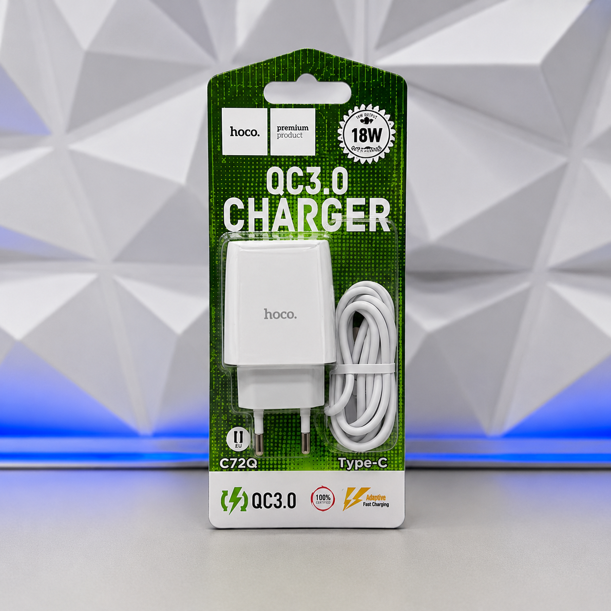 Зарядное устройство Hoco 18Вт, 3А, QC3.0, 1xUSB + кабель USB/Type-C, C72Q, белый, блистер