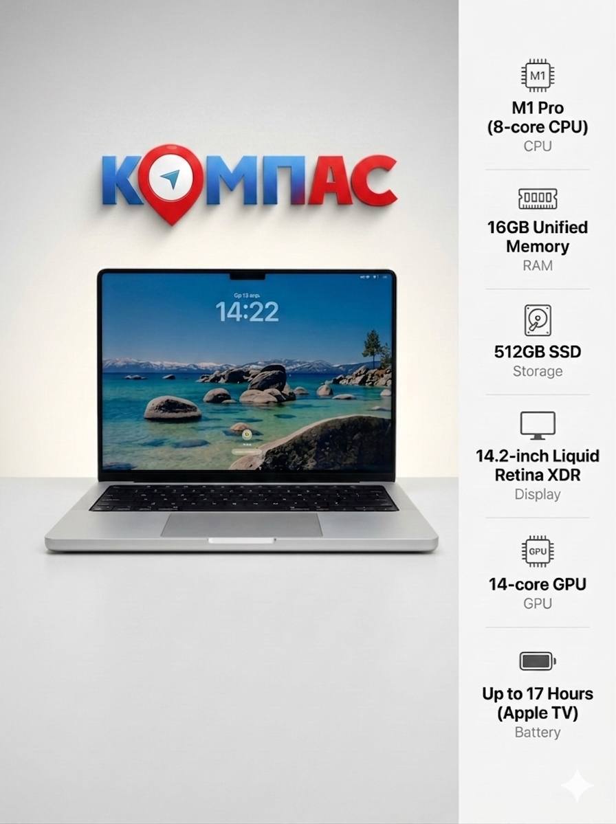 Ноутбук Apple MacBook Pro A2442, 14.2", Retina XDR, Apple M1 Pro 10 core 3.2ГГц, 10-ядерный, 16ГБ 512ГБ SSD